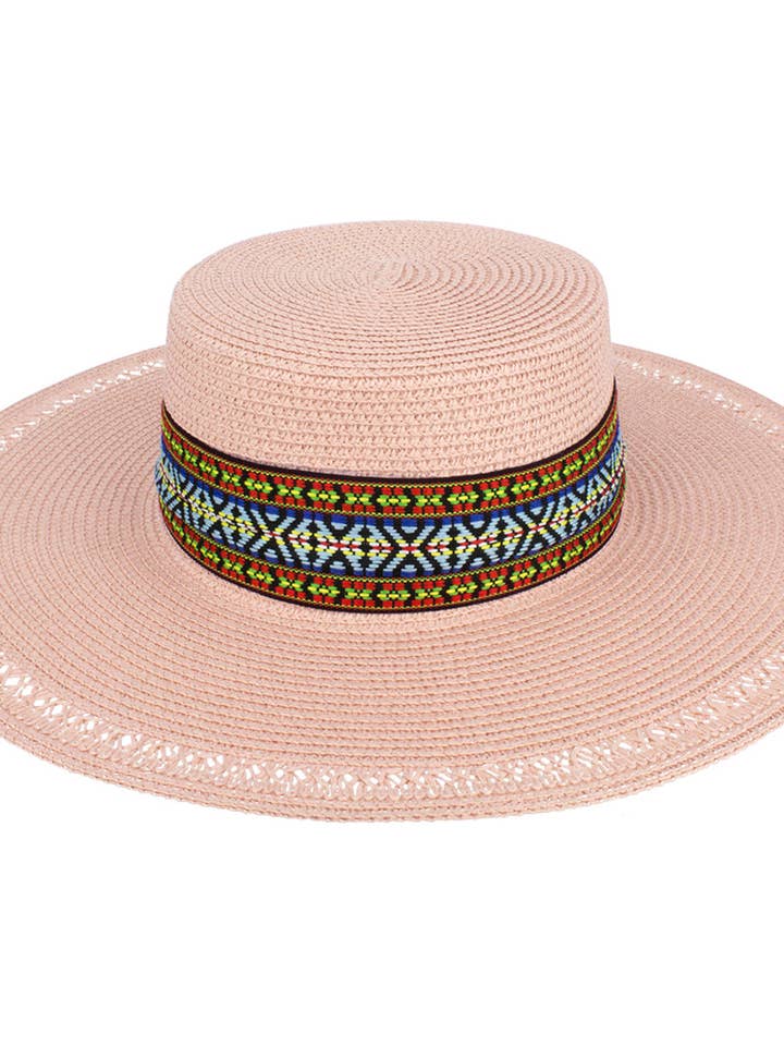 Ethnic Style Flat Top Big Brim Straw Hat for wholesale by Suzie Q USA