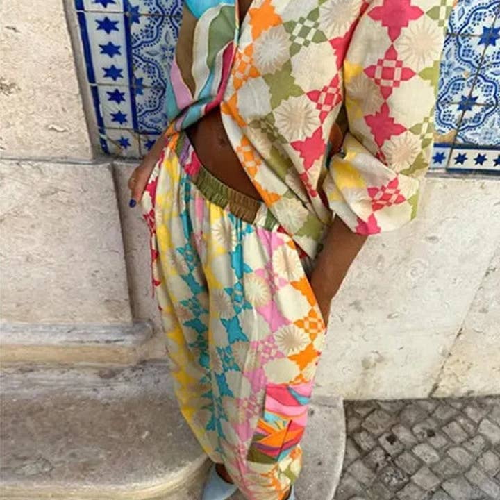 Conjunto vintage com blusa de manga longa e decote em V e calças por atacado de UZ Wholesale Store