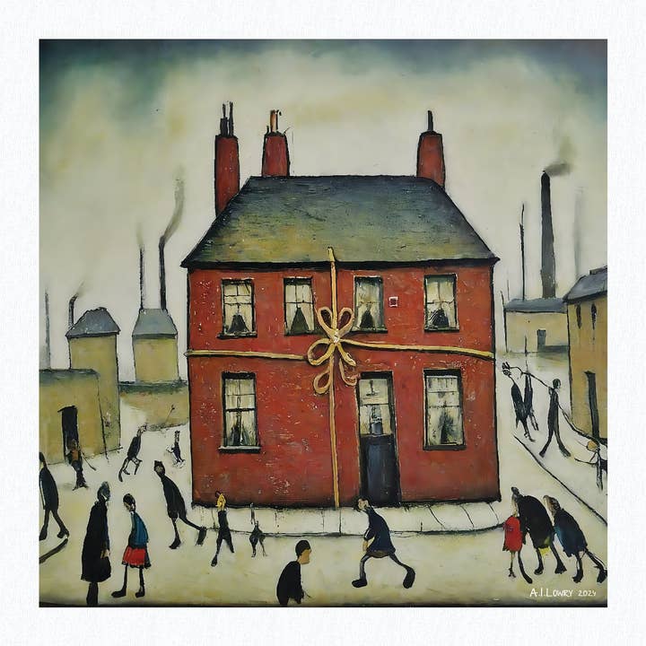New Home - Giclée Art Print 21cm Square. Pretty Image in the Style Of LS Lowry for wholesale by AI Lowry