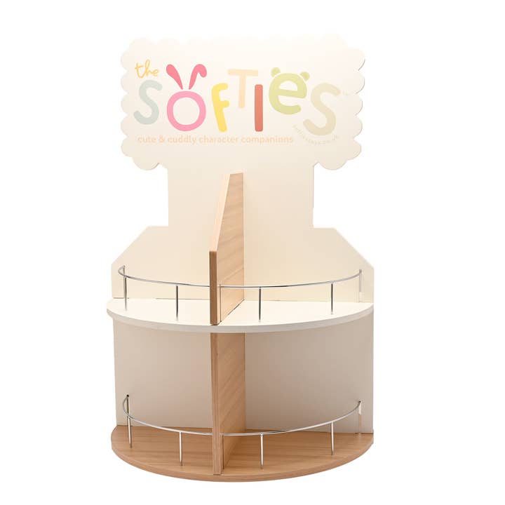 Softies Countertop Wooden Display Stand with 8 Compartments and Spinner for wholesale by WIDDOP and Co Inc