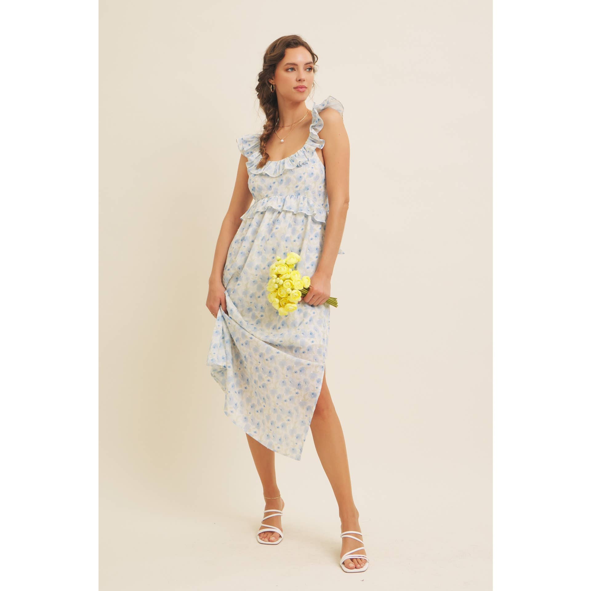 in february – Großhandel Kleid – Damen – ROMANTISCHES FLORALES MIDI-KLEID MIT SCHLITZ, RÜSCHEN UND RÜCKENBINDUNG18