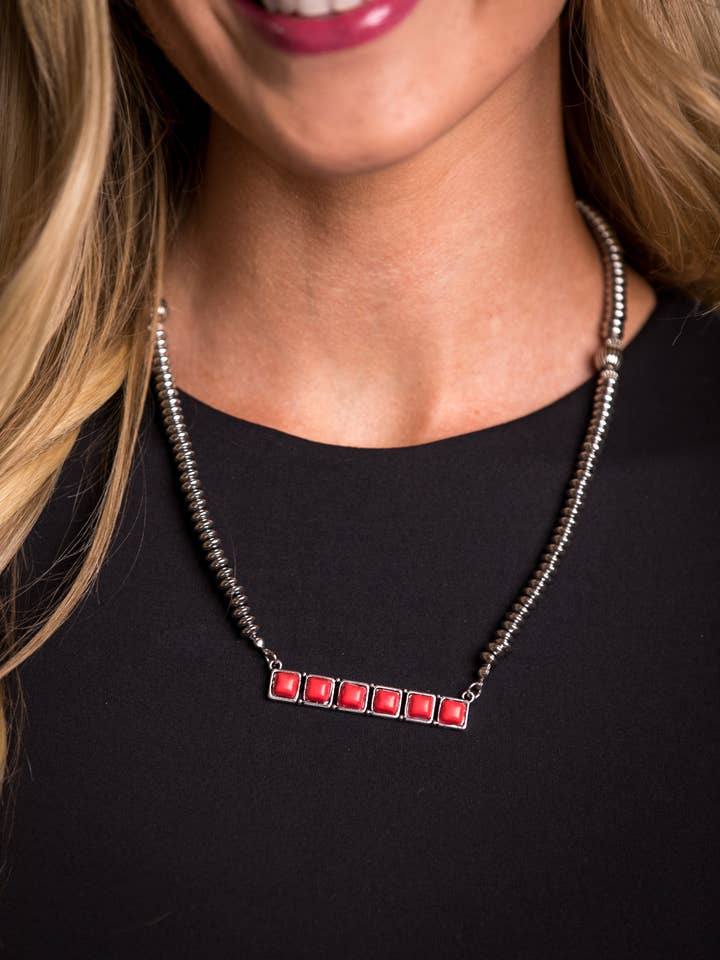 20" Silver Disc Beaded Necklace with 6 Red Stone Square Bar for wholesale by West & Co.