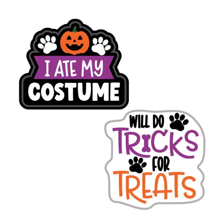 Wag-Witty Dog Bandana Charms!- I Ate My Costume/Tricks For Treats- Holiday dog Accessories for wholesale by Wag Around Town