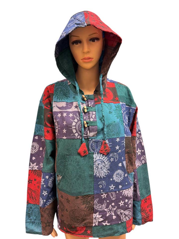 Katoenen Multi Color Patch Hooded Star Pullover Jas DT25085 voor wholesale door Rising International Inc