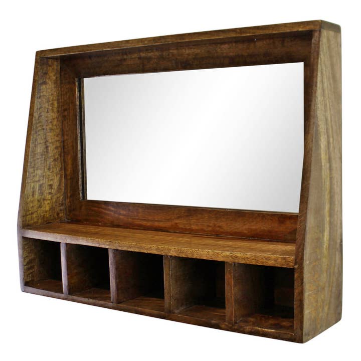 Brown Mango Wood Wall Shelf With Mirror & Storage Slots for wholesale on Faire