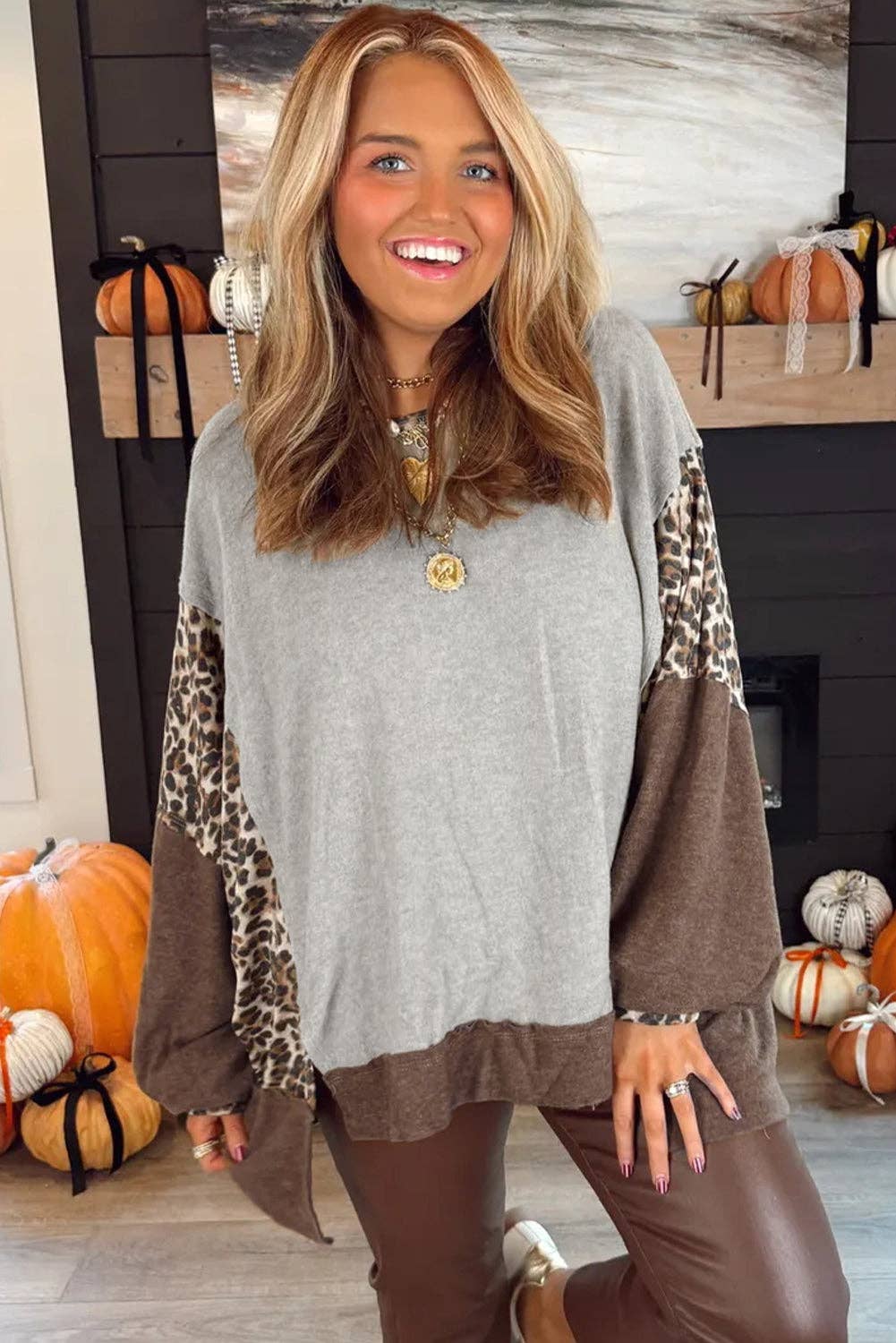 Gray Color Block Leopard Patchwork Dolman Sleeve High Low Baggy Sweatshirt for wholesale on Faire3