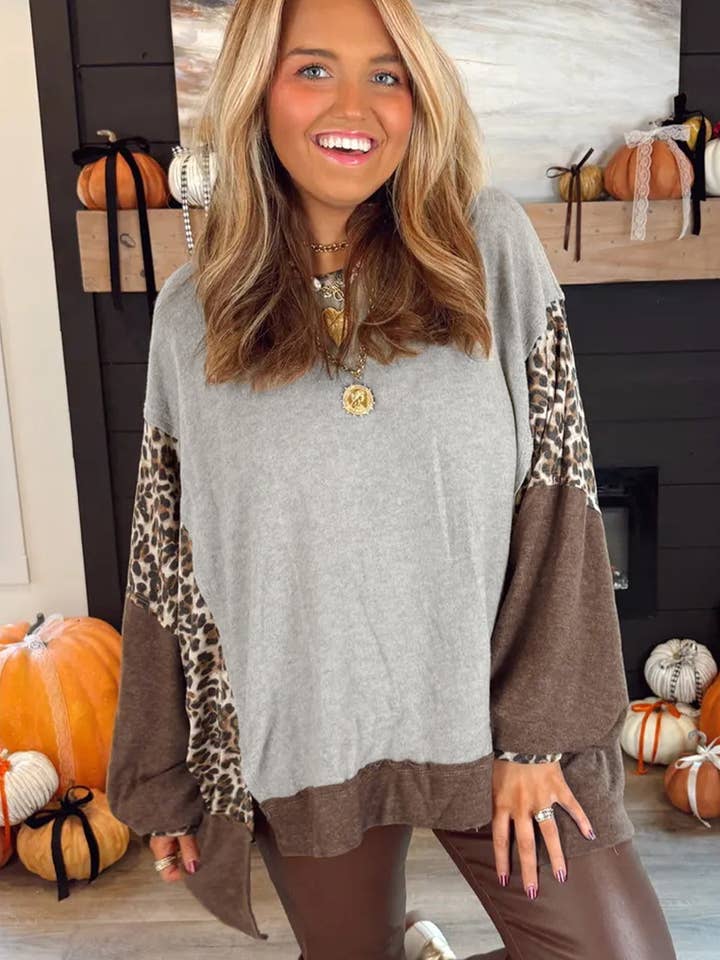 Gray Color Block Leopard Patchwork Dolman Sleeve High Low Baggy Sweatshirt for wholesale on Faire3