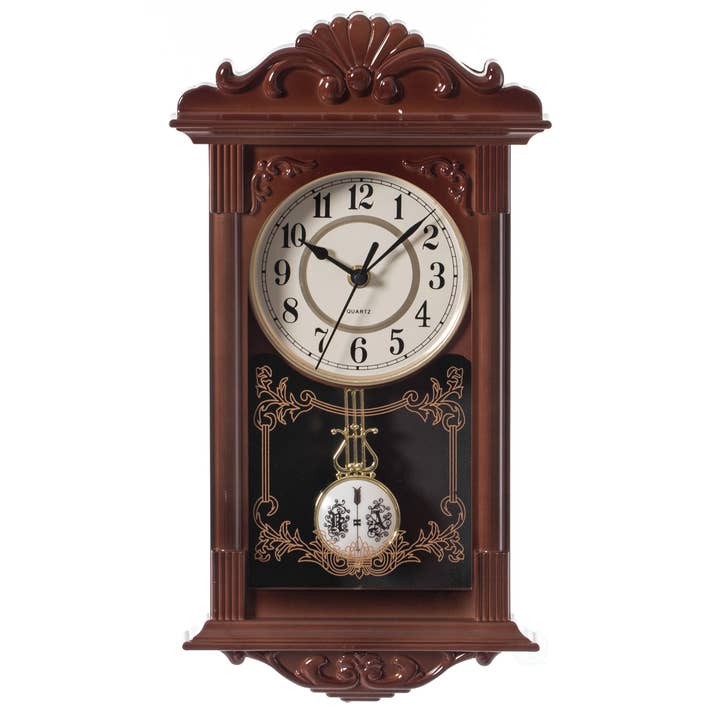 Quickway Imports - Wholesale Wall Clock - Vintage Grandfather Wood Looking Plastic Pendulum Wall Clock