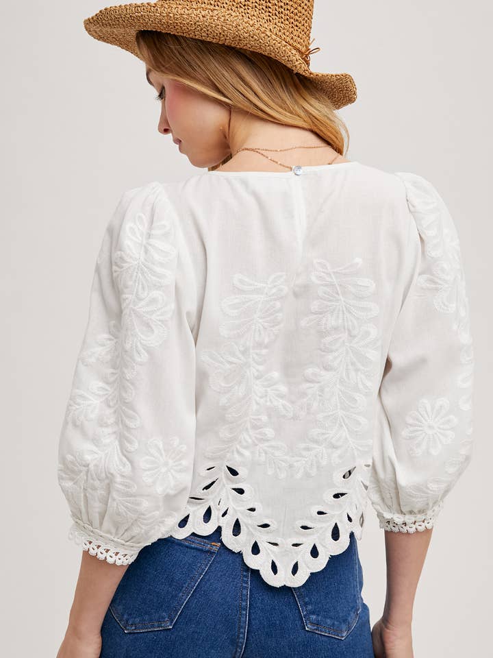 Bluivy - Wholesale Blouse - Women's - LACE CUTOUTS BOTTOM HEM BUBBLE SLEEVED TOP - EASTER DAY5