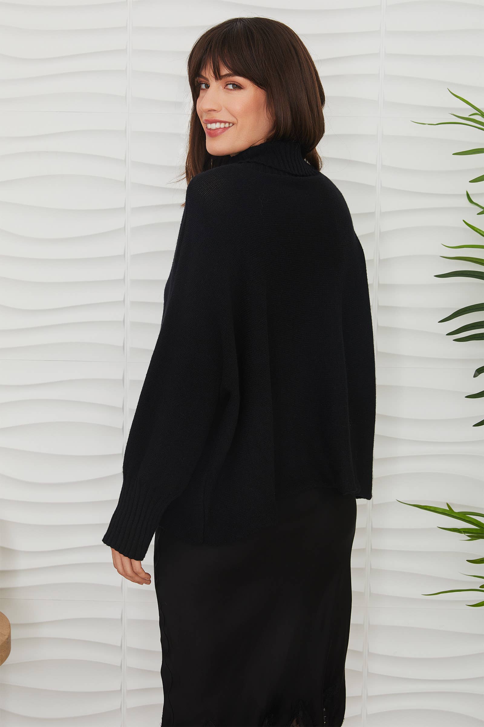 Black DRAPEY TURTLENECK KNIT SWEATER (7097-BLACK) for wholesale on Faire6