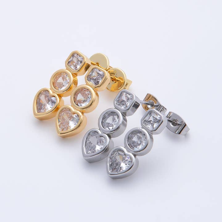 18K Gold Filled Clear CZ Square Round Heart Bezel Drop Studs Earrings in Gold & Silver | AJ283 AJ284 for wholesale by Aim Eternal