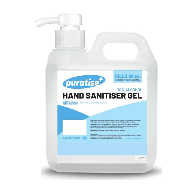 My Wholesale Warehouse - Wholesale Hand sanitiser - Puratise 1 Litre Hand Sanitiser Gel with Pump to fit 38mm Neck