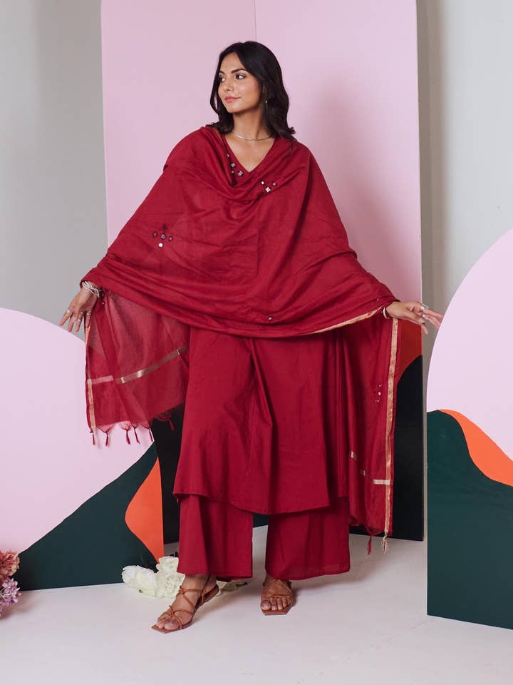 House of Amaya - Wholesale Top & pants set (NOT Loungewear) – Women's - Ajuni Maroon Mirror Embroidered Kurta, Palazzo with Chanderi Dupatta (Set of 3)4