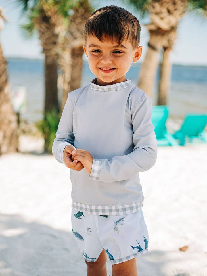 Kids Summer Swimwear - Rashguard - Grey Gingham for wholesale by Sugar Bee Clothing