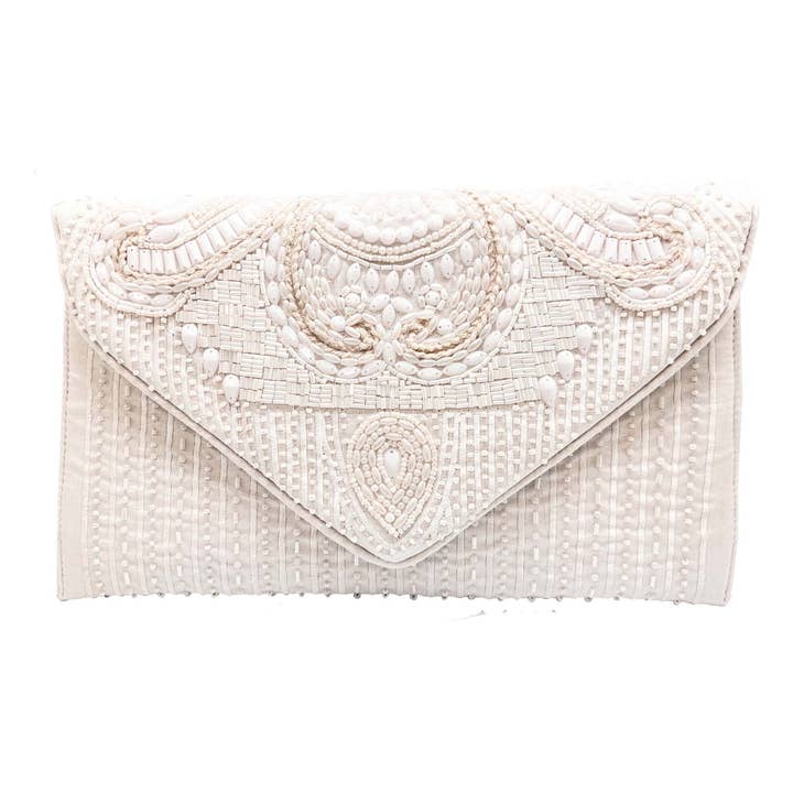 Pizzazz, Inc. - Wholesale Clutch Bag - Women's - WHITE BEADED EMBELLISHED ENVELOPE CLUTCH