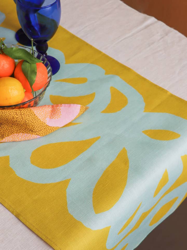Eddies linen table runner, green for wholesale by Leila Simon Hayes