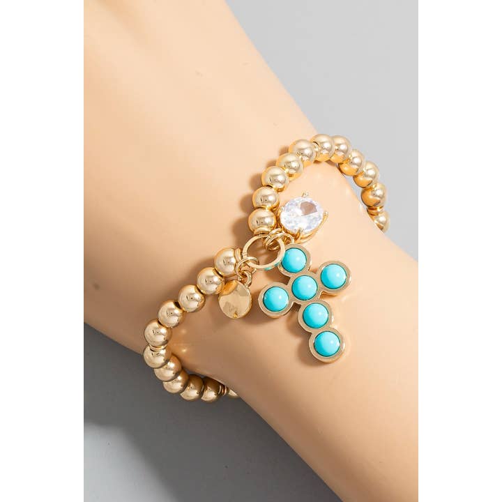 The Looks by Fame Accessories - Wholesale Beaded Bracelet - Cross And Rhinestone Gem Charms Metallic Beaded Bracelet2