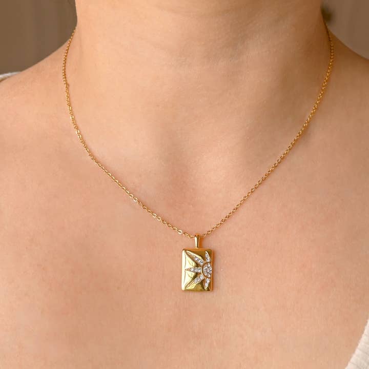 Diamond Sun Necklace - Gold Sunburst Tag Pendant Necklace for wholesale by Blueyejewelry