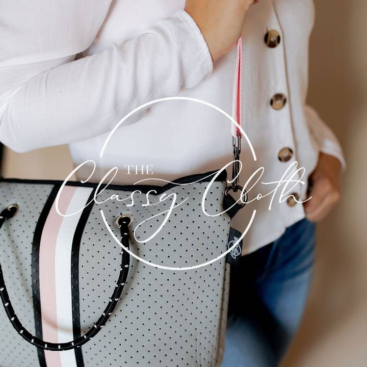 The Classy Cloth WS - Wholesale Beach Bag - Beach Tote Grey w Pink & White Center Stripe RTS1