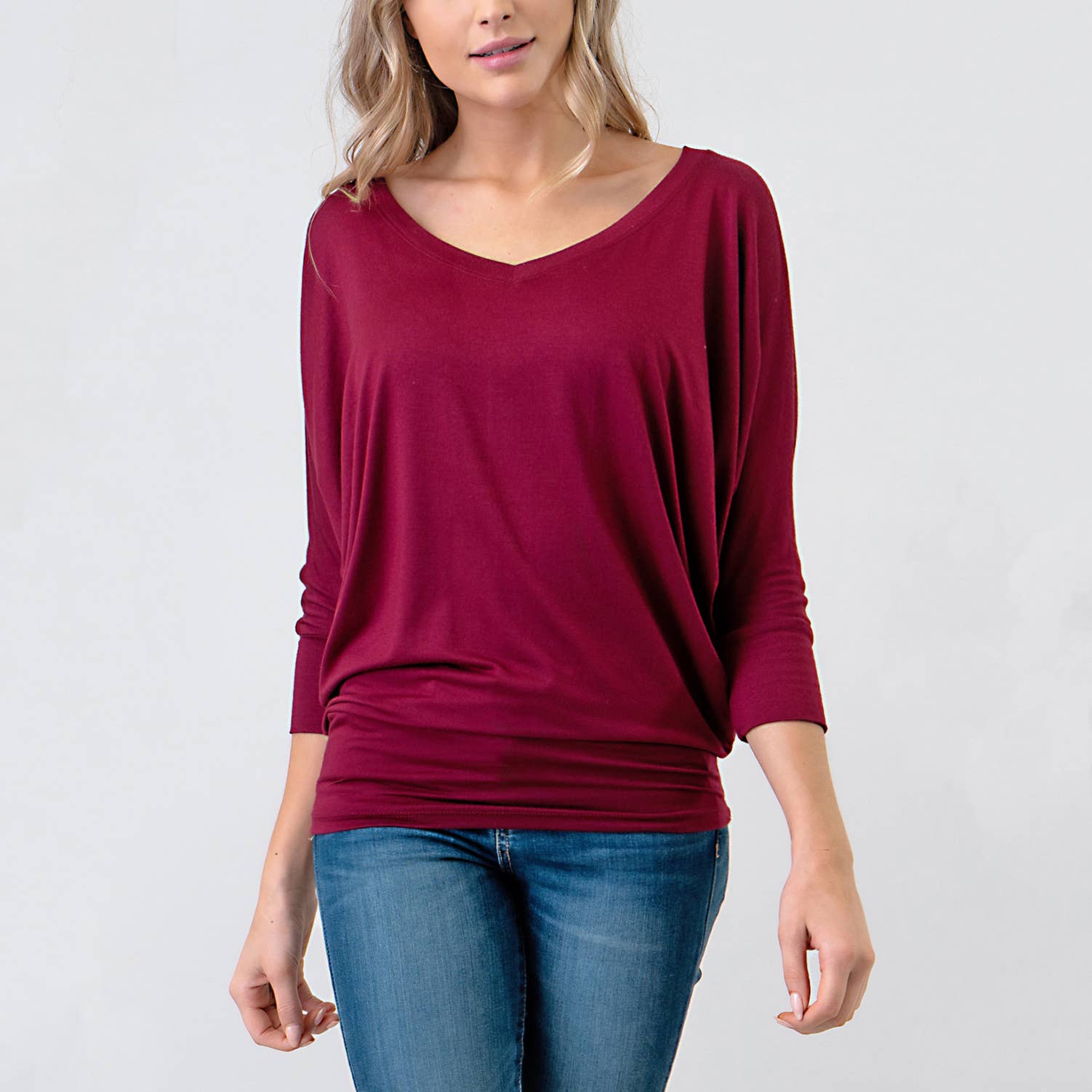 Heimious - Wholesale Knit Top - Women's - 3/4 Dolman Sleeve V-neck Modal Jersey Top, 257349