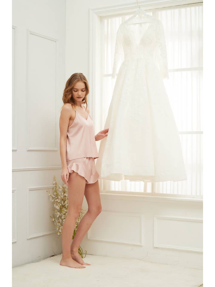 Mackleys - Wholesale Lounge Set - Women's - PREORDER Satin Cami and Ruffle Short Set8