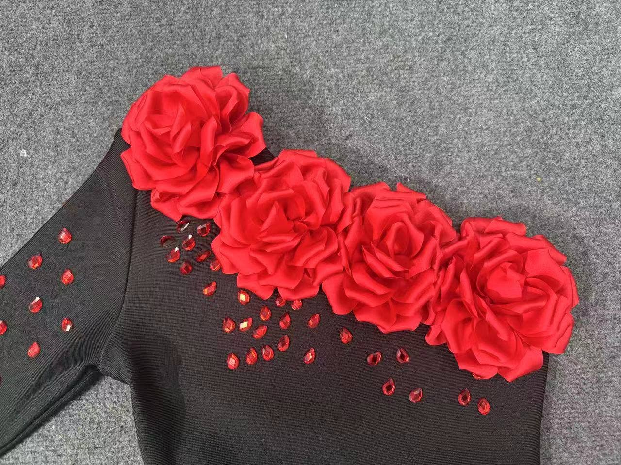 Black 43Y 3D Floral One-Shoulder Bandage Gown with Crystal Detail for wholesale on Faire2