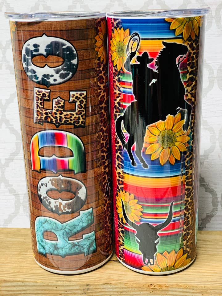 Serape Rodeo 20oz skinny stainless steel tumbler for wholesale by Indigo Sky Mercantile