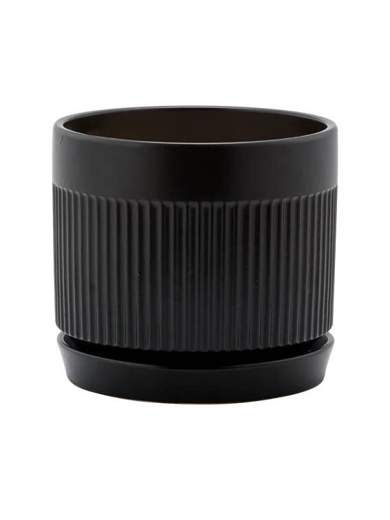 Matte Black Ribbed Planter with Saucer – Modern Item #17310 for wholesale by Napco