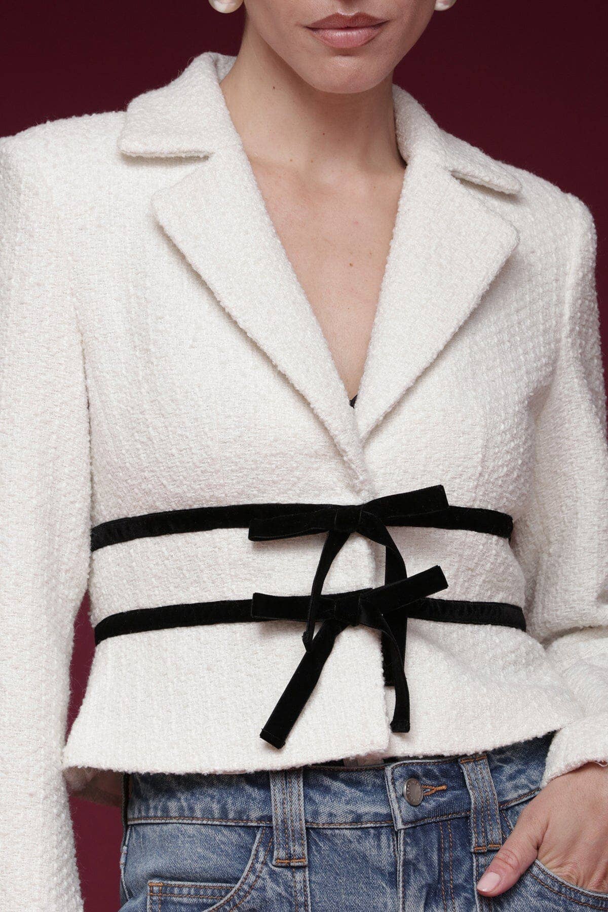 Ivory Black Velvet Bow Trim Tweed Jacket for wholesale on Faire3