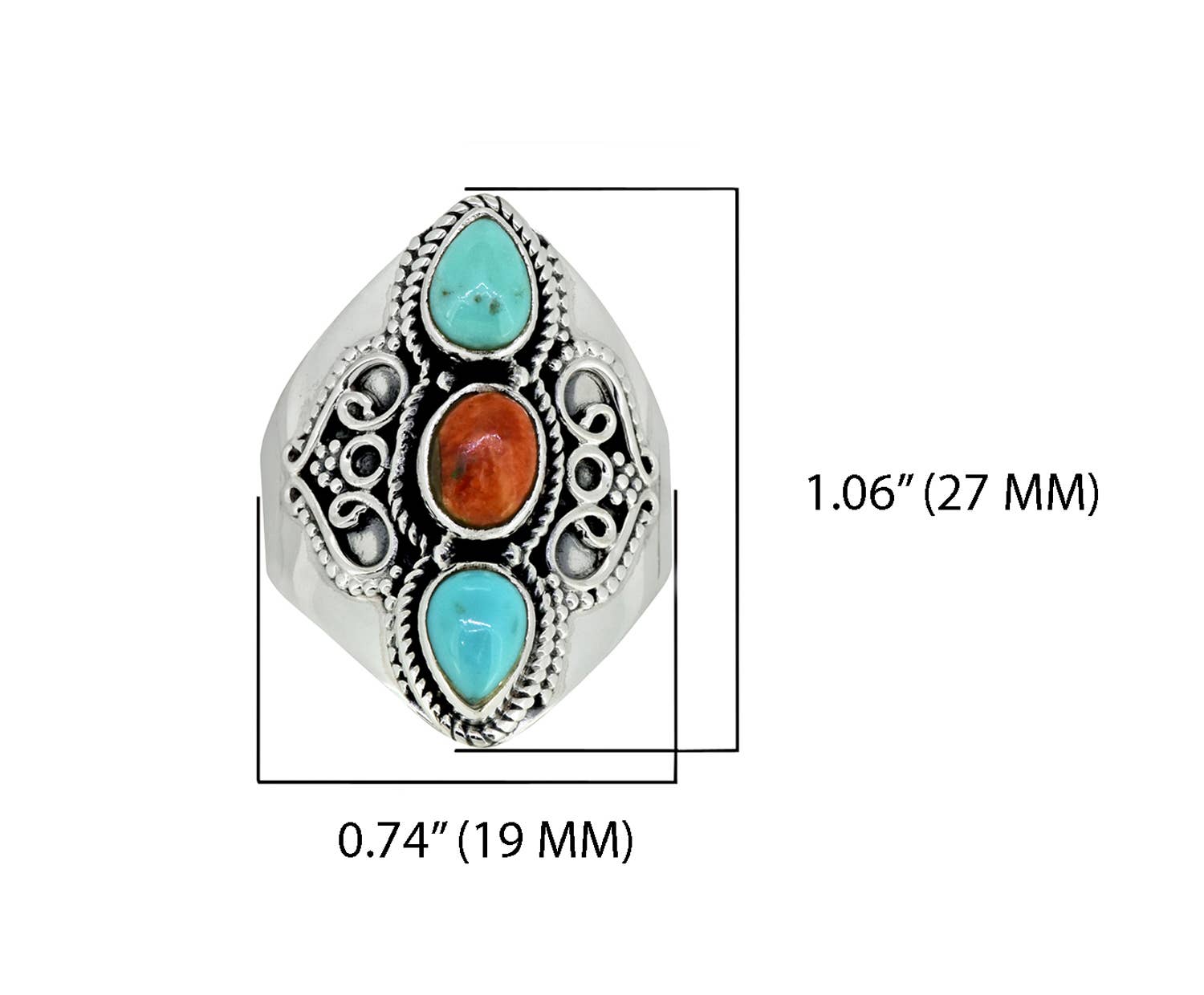 Tiramisu - Wholesale Cocktail/Statement Ring - Turquoise 3 Stone Wide Band Boho 925 Sterling Silver Ring5