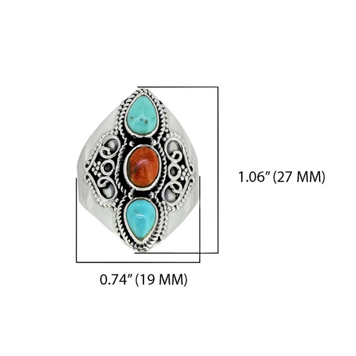 Tiramisu - Wholesale Cocktail/Statement Ring - Turquoise 3 Stone Wide Band Boho 925 Sterling Silver Ring5
