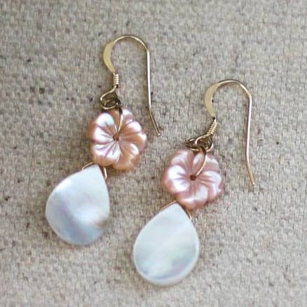 Mother of Pearl & Pink Hibiscus Dangle Earrings for wholesale by Beach Babe Hawaii