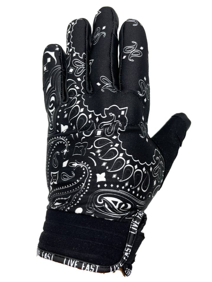 Guantes de motocicleta con diseño paisley en blanco y negro para venta al por mayor de Live Fast Gear