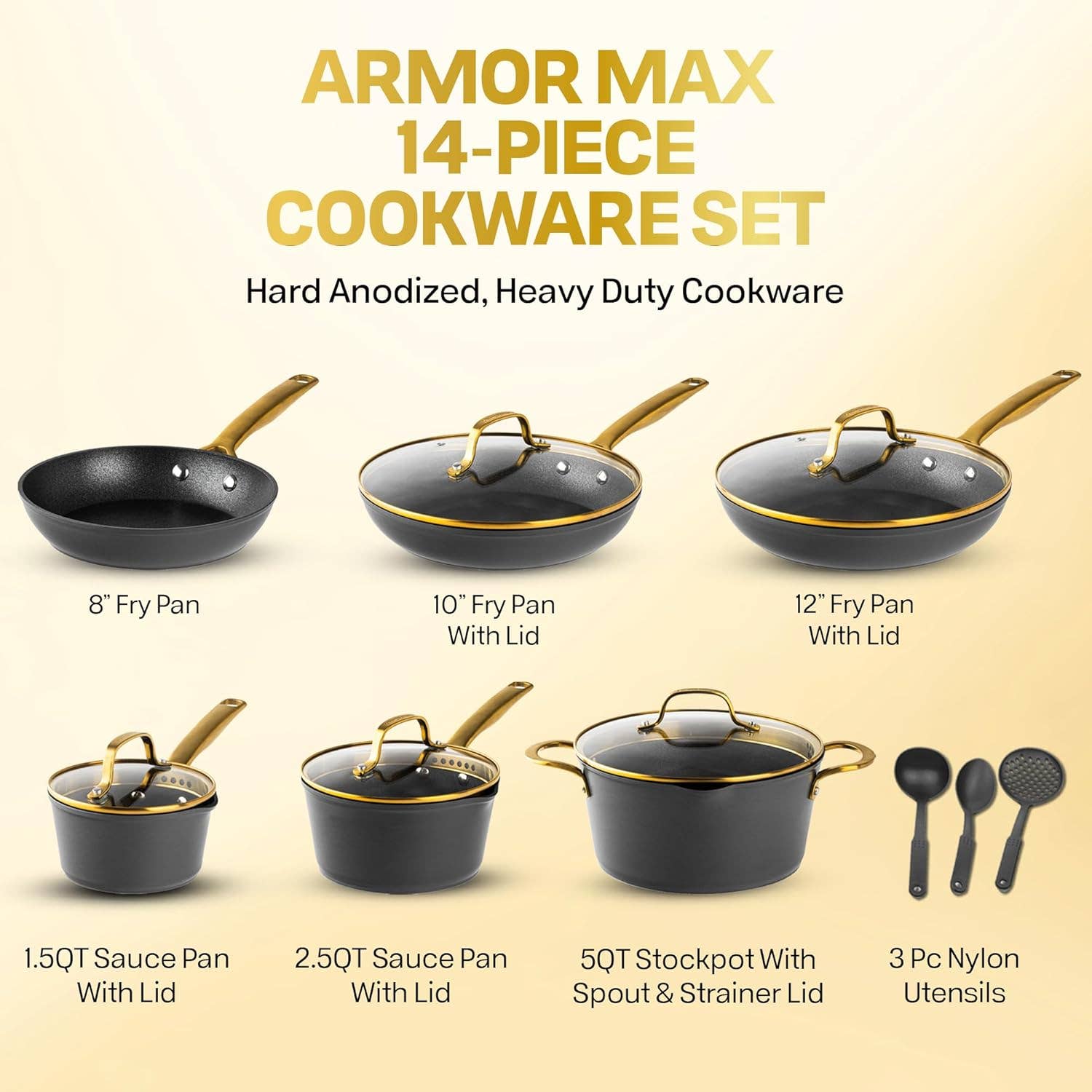 Gotham Steel/Granitestone - Wholesale Cast Iron Skillet - 14-Pieces Hard Anodized Aluminum Armor Max Gold Cookware Set5