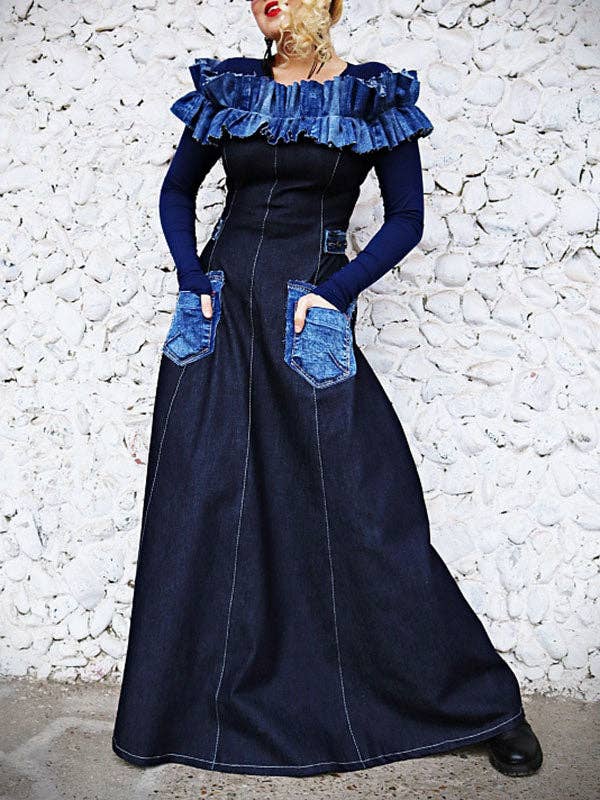 BLEU Robe maxi en jean à manches longues, coupe évasée, poches, empiècements et volants en vente sur Faire1