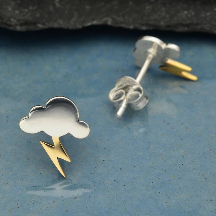 Silver Cloud Post Earrings with Bronze Lightning 10x9mm for wholesale by Nina Designs