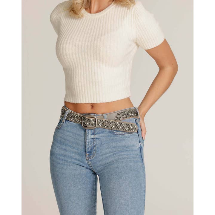 Amsterdam Heritage Leather Belts, Bags, Jackets & Apparel - Wholesale Belt - Women's - Britta | Vintage Silver Buckle Studded Leather Belt Women