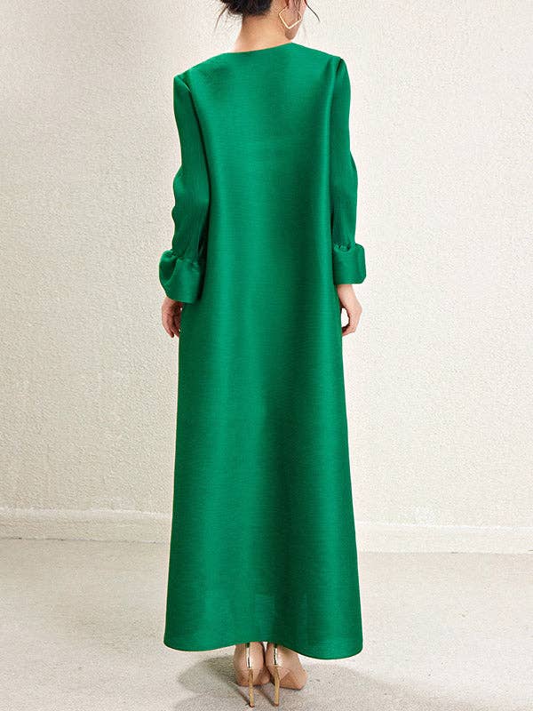 Sheer Trend - Wholesale Dress - Women's - A-Line Loose Pleated Solid Color Round-Neck Maxi Dresses5