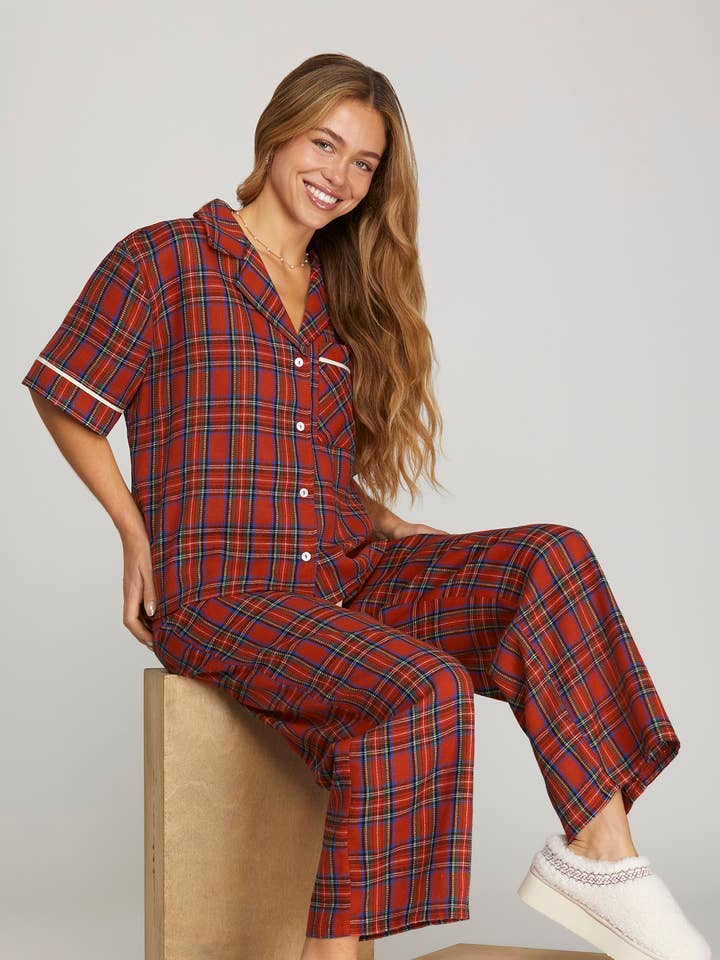 Peace Love Line - Wholesale Top & Pant Set (NOT Loungewear) - Women's - PL8954 - WOVEN PLAID TOP AND LONG PANTS PAJAMA SET2