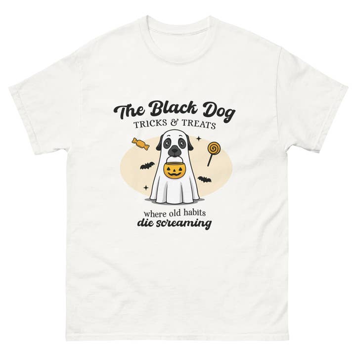 Zwart Dog Trick or Treat klassiek T-shirt, uniseks voor wholesale door Chronic Crafts