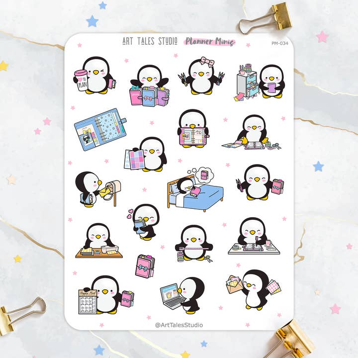 Hoja de pegatinas de pingüino planificador, pegatinas de planificador adicto, pegatinas de pingüino lindo, planificador amor, papelería, bujo, calcomanía de diario, álbum de recortes para venta al por mayor de Art Tales Studio