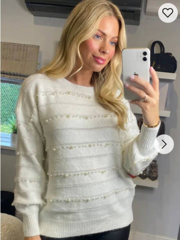 Pearl embellished soft knit jumper in white for wholesale by CY FASHION. LONDON