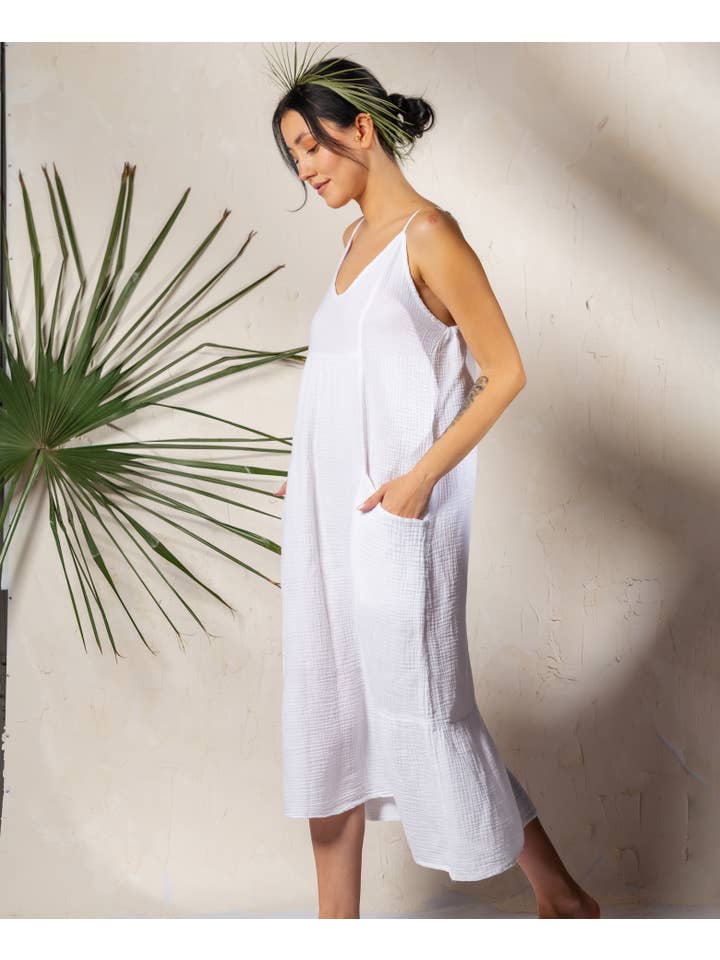 Moa - Wholesale Dress - Women's - Beige Double Gauze Strap Dress