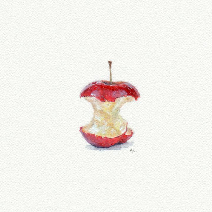 Pittura ad acquerello in miniatura Apple Core - Stampa artistica per la vendita all'ingrosso da parte di Karen Libecap Tiny Paintings