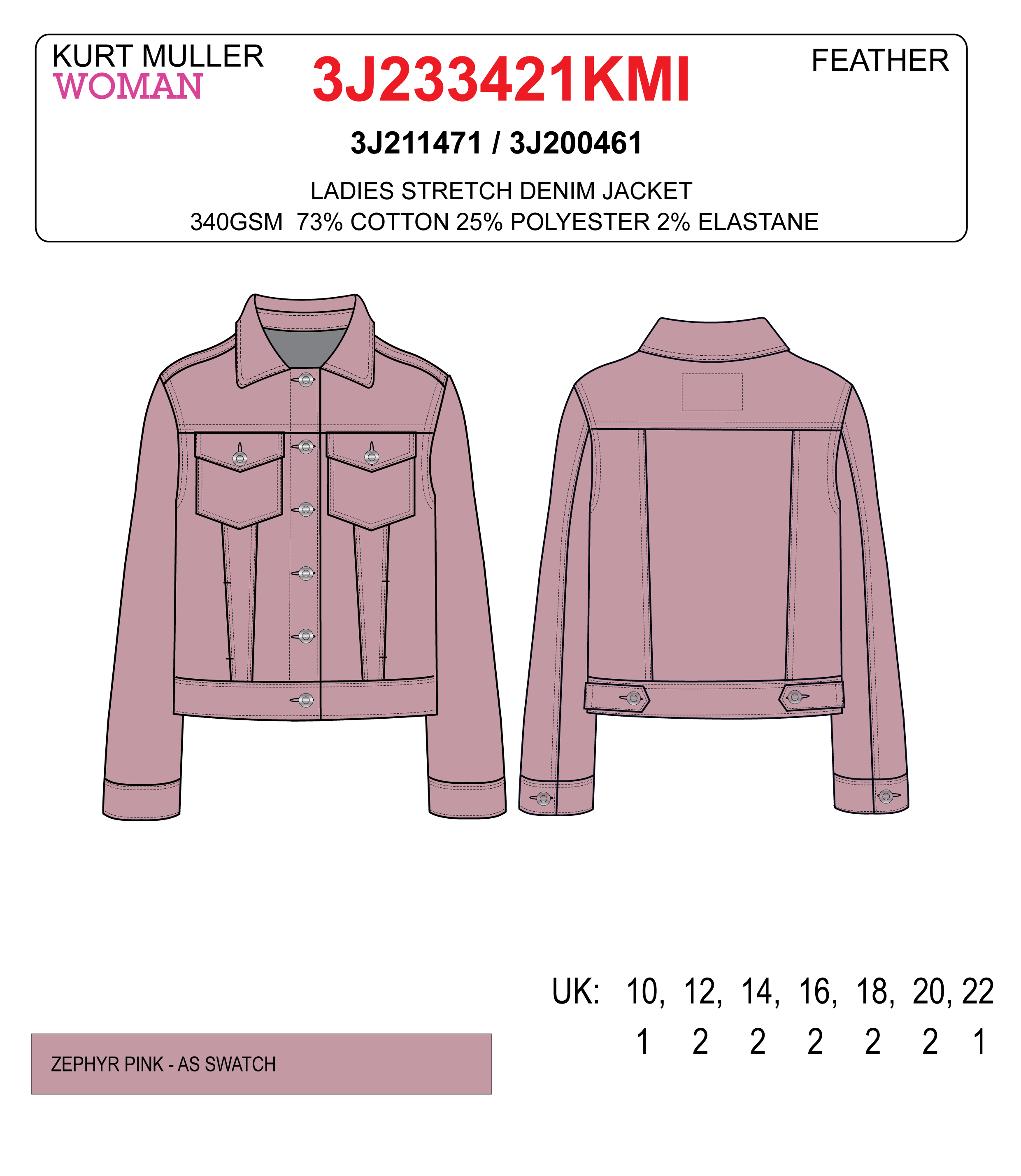 Kurt Muller - Vendita all'ingrosso Giacca di jeans - Donna - Giacca in denim di cotone elasticizzato rosa tenue lavato Kurt Muller5