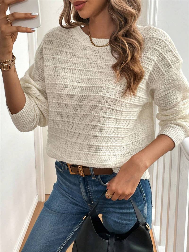 Beige Cozy Bow Tie Back Crew Neck Fall Sweater for wholesale on Faire1