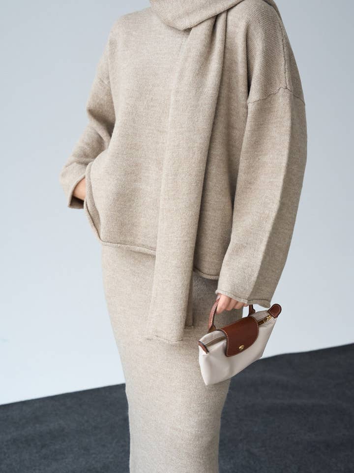 Design company-Fatma Balkir - Wholesale Top & Skirt Set - Women's - Knit maxi skirt and shawl neck sweater set-skirtsuit1