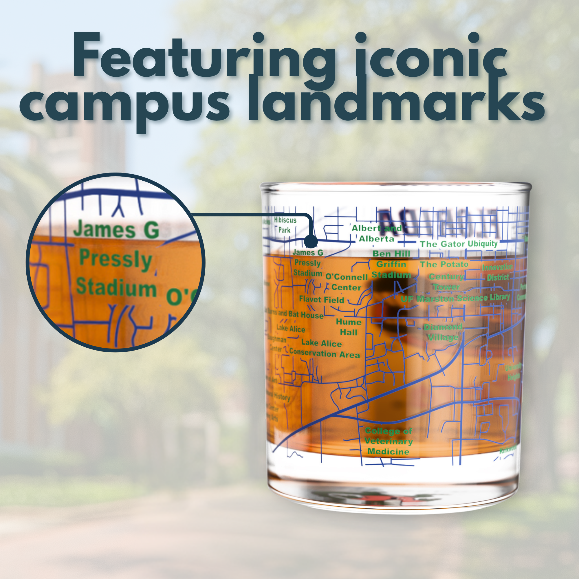Greenline Goods - Wholesale Cocktail/Liquor Glass - University of Florida Gators College Whiskey Glasses (Set of 2), 10 oz – Full-Color Logo + Campus Map2