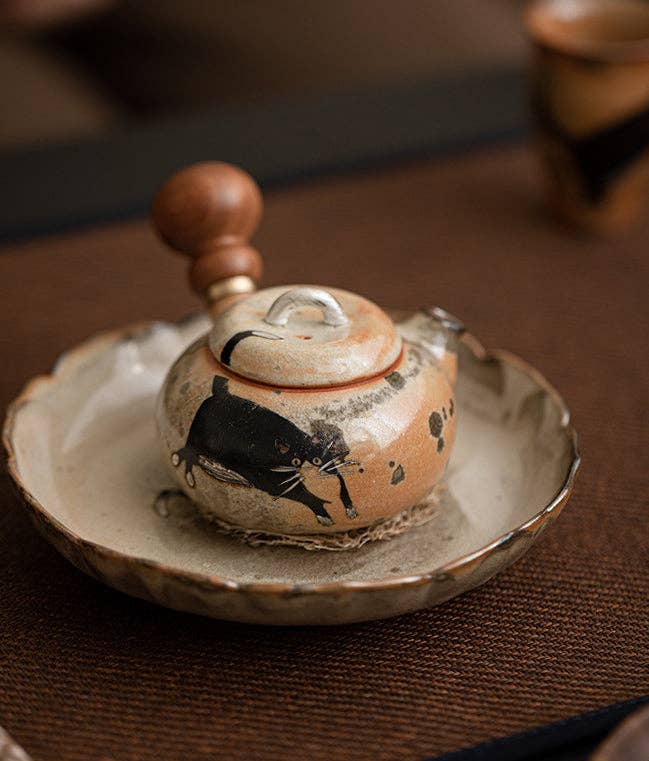 Gohobi （We cover U.S. import duties） - Wholesale Tea Pot - Gohobi Handmade Black Ink Hand-painted Cat Side Handle Teapot 0035