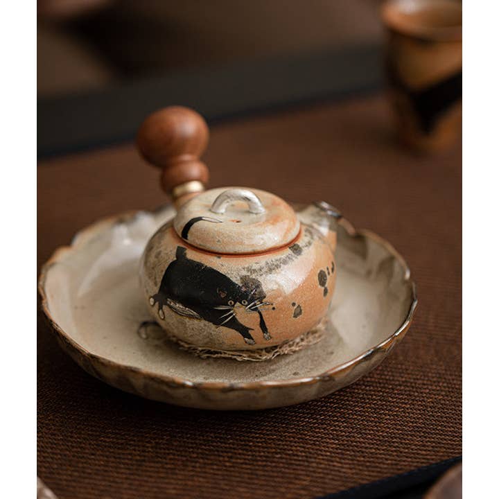 Gohobi (We cover U.S. import duties) - Wholesale Tea Pot - Gohobi Handmade Black Ink Hand-painted Cat Side Handle Teapot 0035